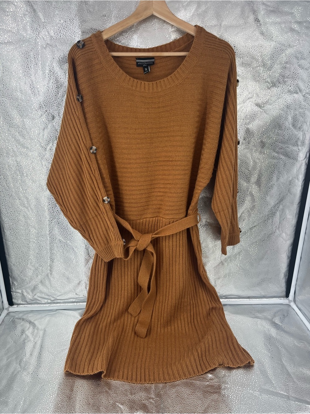 A.B.Plus 1X Camel Ribbed Belted Sweater Dress Midi Academia Chic Tortoise Button